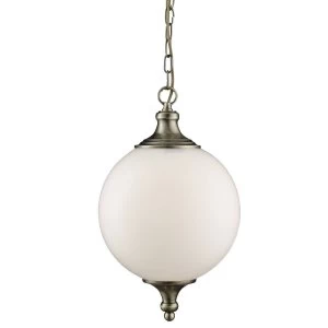 1 Light Globe Ceiling Pendant Antique Brass, Opal Glass, E27