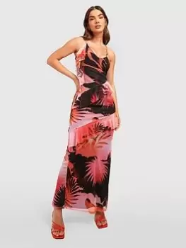 Boohoo Abstract Palm Print Ruffle Mesh Maxi Dress - Pink, Size 8, Women