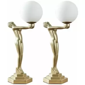 Minisun - Pair of Woman Holding Globe Table Lamps Gold Painted Art Deco - No Bulbs