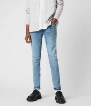 AllSaints Mens Rex Damaged Slim Jeans, Dirty Indigo, Blue, Size: 28