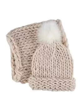 Totes Chunky Knit Beanie Hat & Snood Set - Cream