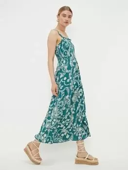 Dorothy Perkins Paisly Shirred Strappy Midi Dress - Green, Size 16, Women