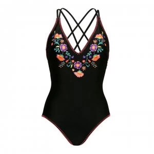 Figleaves Non Wired Plunge Embroidered Swimsuit - BLACK