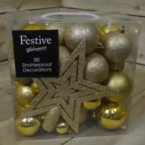 50 Piece Shatterproof Christmas Decoration Pack with Baubles & Star - Gold