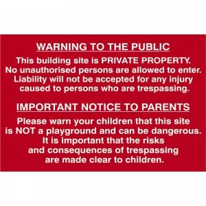 Scan Building Site Warning To Public and Parents Sign 600mm 400mm Standard