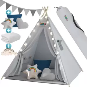 Spielwerk - Childrens Teepee Tent Fairy Lights Kid's 2.5cm Floor Play Mat 3 Pillows Cotton Carry Bag Tipi Playhouse Indoor 120x120x160cm Wigwam Blue