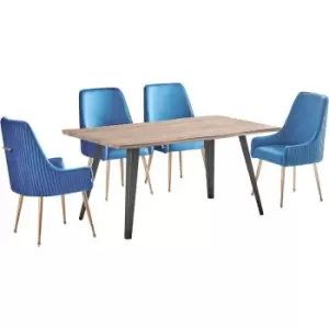 Life Interiors - 5 Pieces Soho Rocco Dining Set - a Walnut Rectangular Dining Table and Set of 4 Blue Dining Chairs - Blue