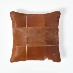 Beige Real Leather & Goat Hair Large Check Cushion with Feather Filling - Natural - Homescapes
