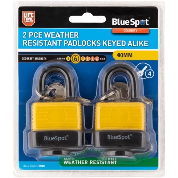 77010 2 Piece 40mm Weather Resistant Padlocks Keyed Alike - Bluespot