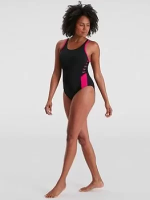 Speedo Boom Logo Splice Muscleback, Black/Pink, Size 30, Women