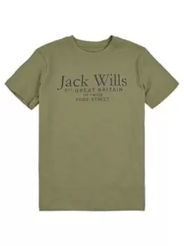 Jack Wills Boys Script Short Sleeve T-Shirt - Olivine, Khaki, Size 15-16 Years
