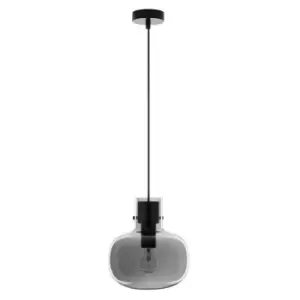 Josef 22cm Globe Pendant Ceiling Light Smoky Glass Black Cord Black Metal Base LED E27 - Merano