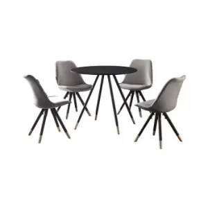 5 Pieces Life Interiors Sofia Dorchester Dining Set - a Black Round Dining Table and Set of 4 Dark Grey Dining Chairs - Dark Grey