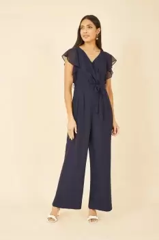 Navy Wrap Jumpsuit With Ruffle Sleeves