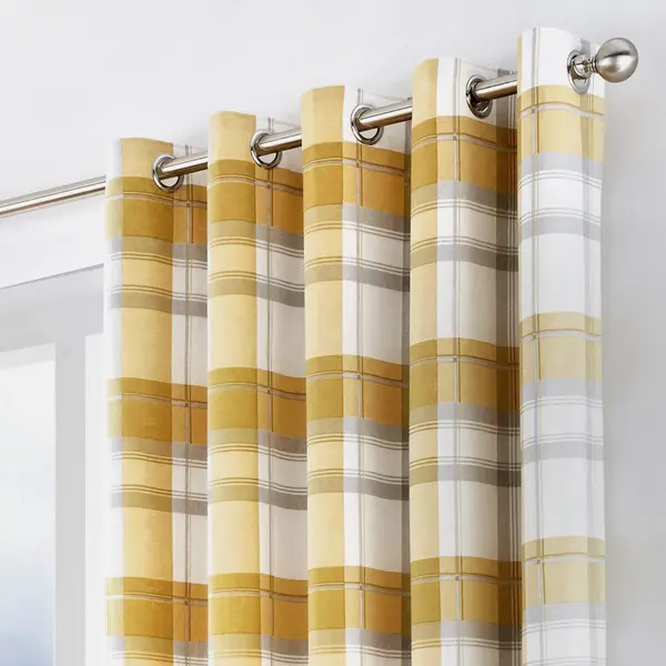 Fusion Balmoral Check 100% Cotton Eyelet Lined Curtains, Ochre, 66 x 90" - Fusion BCKOC66906LZU