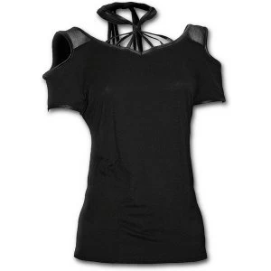 Gothic Elegance Tassle Neck Womens Large Short Sleeve Top - Black