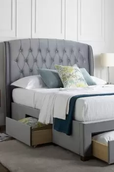 Elise Grey Winged Upholstered Drawer Storage Bed Frame