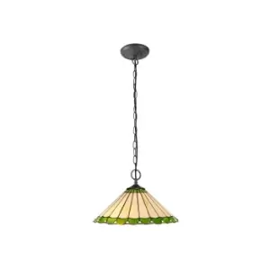 2 Light Downlighter Ceiling Pendant E27 With 40cm Tiffany Shade, Green, Crystal, Aged Antique Brass