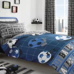 Football Print Reversible Duvet Cover Set, Blue, Single - Bedlam