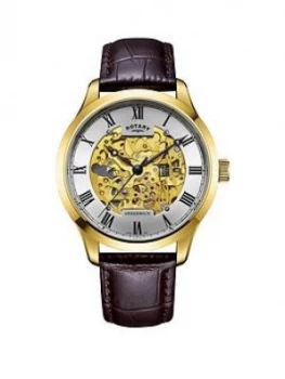 Rotary Greenwich Gold Skeleton Dial Brown Leather Strap Mens Watch, One Colour, Men