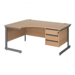 Left Hand Ergonomic Desk with 3 Lockable Drawers Pedestal and Beech Coloured MFC Top with Graphite Frame Cantilever Legs Contract 25 1600 x 1200 x 725