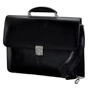 Alassio Leather Multi section Briefcase with Shoulder Strap Black