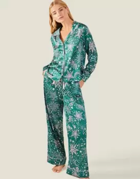 Accessorize Womens Star Print Satin Pyjama Set Teal, Size: M