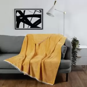 Dreamscene Ultra Soft Flannel Fleece Pom Pom Throw Blanket Ochre 200 X 240Cm