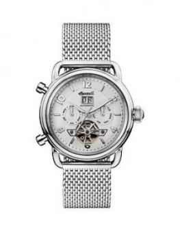 Ingersoll Ingersoll New England Silver Daydate Skeleton Eye Automatic Dial Stainless Steel Mesh Strap Watch