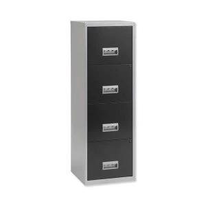 Pierre Henry A4 Maxi Steel Lockable 4 Drawer Filing Cabinet Silver Black