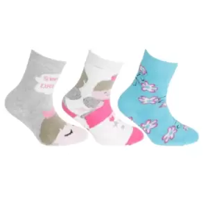 FLOSO Childrens Girls Cotton Rich Gripper Socks (3 Pairs) (9-12 Child UK) (Cream/Blue/Pink)