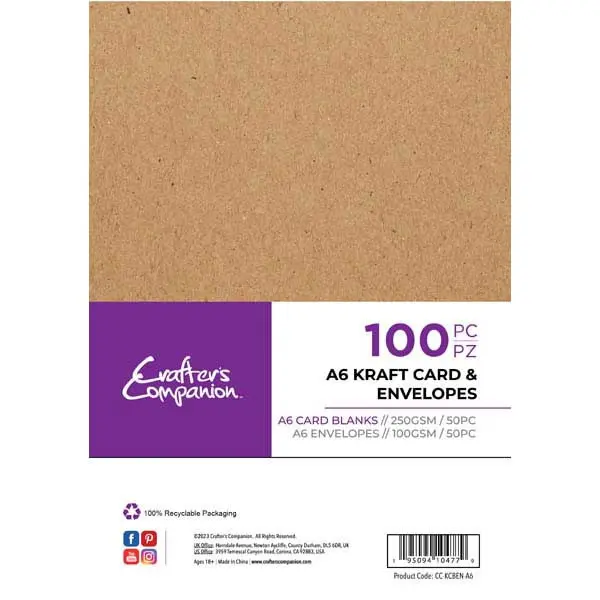 Crafter's Companion A6 Card Blanks & Envelopes Kraft 250 GSM Pack of 50