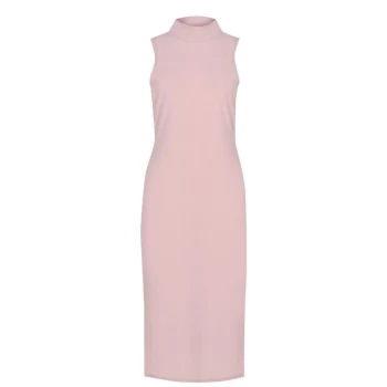 Fabric Brushed Soft Rib Slit Detail Midi Dress - Pink