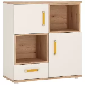 4Kids 2 Door 1 Drawer Cupboard with 2 open shelves in Light Oak and white High Gloss (orange handles) - Light Oak and white High Gloss (orange