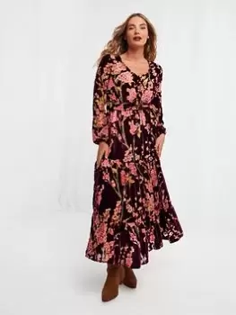 Joe Browns Floral Long Sleeve Midi Dress -red, Red, Size 10, Women