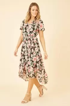 Black Floral Wrap Dress With Tiered Dipped Hem