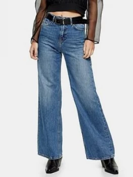 Topshop Slim Wide Leg High Rise Jeans - Mid Blue, Mid Denim, Size 25, Inside Leg 34, Women