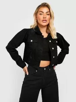 Boohoo Distressed Puff Shoulder Denim Jacket - Black, Size 8, Women