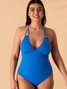 Accessorize Ring Detail High Neck Shaping Swimsuit - Blue Size 10, Women