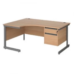 Left Hand Ergonomic Desk with 2 Lockable Drawers Pedestal and Beech Coloured MFC Top with Graphite Frame Cantilever Legs Contract 25 1600 x 1200 x 725