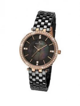 Accurist Black Mother Of Pearl And Diamond Dial With Crystal Set Rose Gold Bezel And Black Ceramic Bracelet Ladies Watch