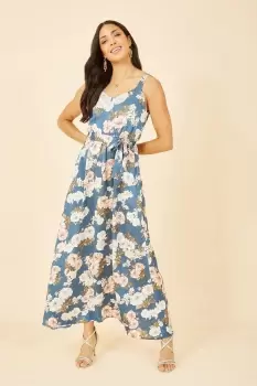 Blue Satin Floral Print Maxi Dress