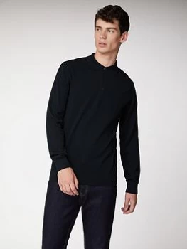 Ben Sherman Long Sleeve Cotton Polo-Black, Size L, Men