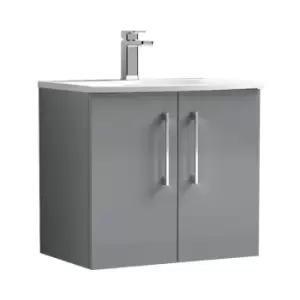 Arno Gloss Cloud Grey 600mm Wall Hung 2 Door Vanity Unit with 30mm Curved Profile Basin - ARN1323G - Cloud Grey - Nuie