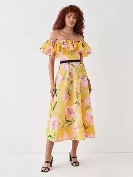 COAST Organza Bardot Frill Midi Dress - Yellow, Yellow, Size 12, Women
