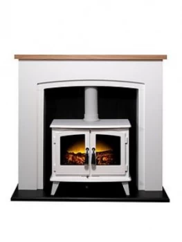 Adam Fires & Fireplaces Adam Siena Stove Suite In Pure White & Oak With Woodhouse Electric Stove In White