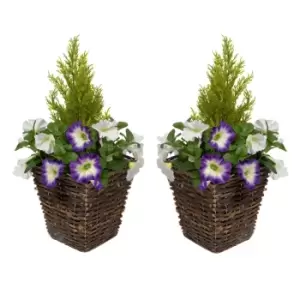 Greenbrokers Artificial Purple & White Petunia Rattan Patio Planters 60Cm/24In (set Of 2)