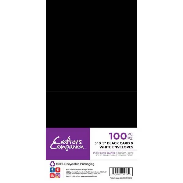 Crafter's Companion 5" x 5" Black Card Blanks & White Envelopes 250 GSM Pack of 25