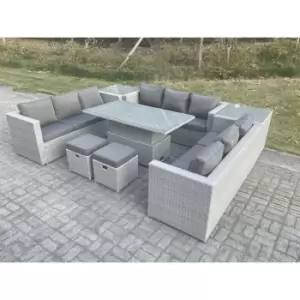 Fimous - u Shape Lounge Rattan Garden Furniture Set Adjustable Rising Lifting Table Dining Set With 2 pc Side Coffee Tea Table Stool