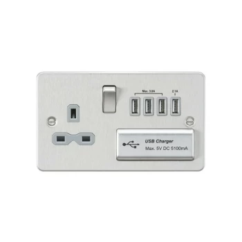 Flat plate 13A switched socket with quad USB charger - brushed chrome with grey insert - Knightsbridge